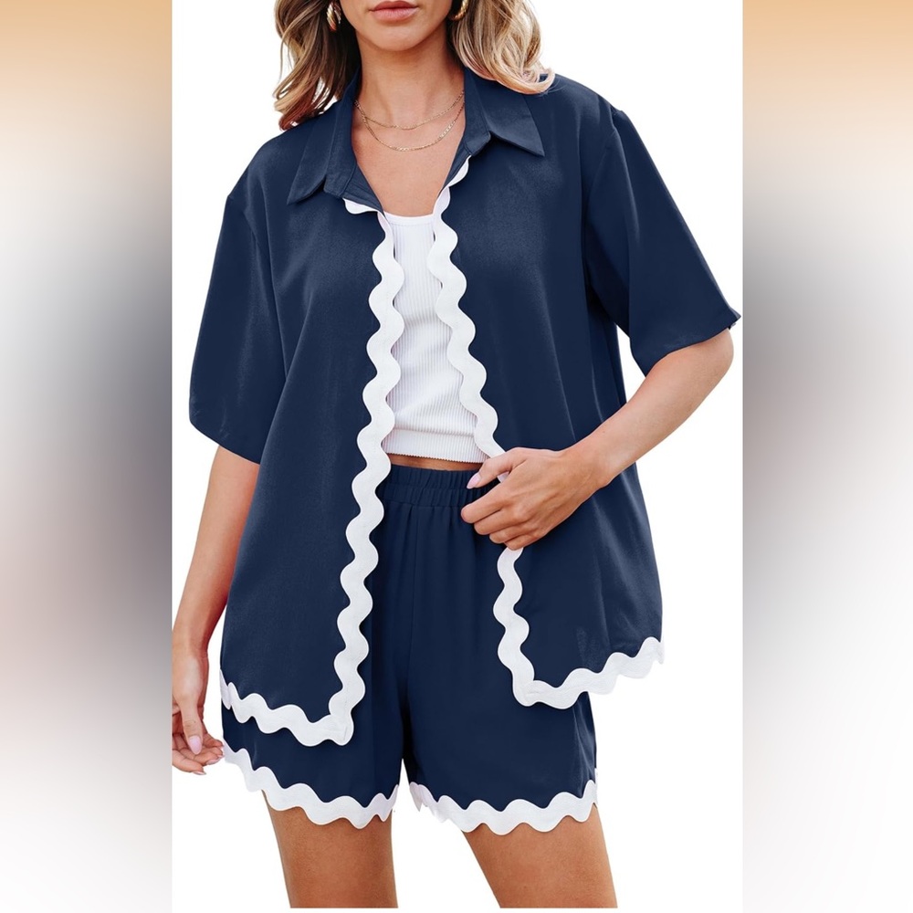 Navy Blue 100% Cotton Short Set.  | Button Up Top + Drawstring Shorts. Size XL